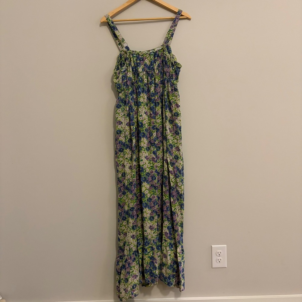 Natural Life Womens XL Floral Daisy Maxi Dress Boho Blue Purple Rayon Sundress - Picture 2 of 5